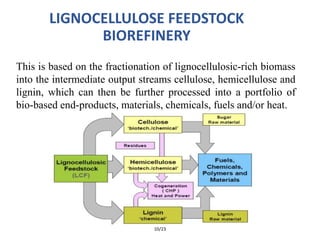 LIGNOCELLULOSE FEEDSTOCK
BIOREFINERY
This is based on the fractionation of lignocellulosic-rich biomass
into the intermediate output streams cellulose, hemicellulose and
lignin, which can then be further processed into a portfolio of
bio-based end-products, materials, chemicals, fuels and/or heat.
10/23
 