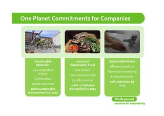 One Planet Commitments for Companies




      Sustainable          Local and          Sustainable Water
       Materials        Sustainable Food       Efficient products
    Low embodied           Low impact
                                 p            Rainwater harvesting
       energy           Low animal protein      Embodied water
      Certification       Locally sourced      10% reduction by 
    Waste resources     100% compliance 
                            %        li              2015
    100% sustainable    with policy by 2025
  procurement by 2025
 
