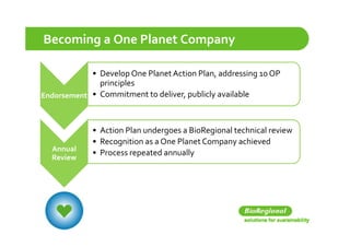 Becoming a One Planet Company

            • Develop One Planet Action Plan, addressing 10 OP 
              principles
Endorsement • Commitment to deliver  publicly available
              Commitment to deliver, publicly available



             • Action Plan undergoes a BioRegional technical review
             • Recognition as a One Planet Company achieved
  Annual
             • Process repeated annually
  Review
 