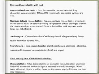 BCS class 2 drugs examples
Decreased bioavailability with food
Atorvastatin calcium tablet :- Food decreases the rate and extent of drug
absorption by approximately 25% and 9%, respectively, as assessed by Cmax and
AUC.
Naproxen delayed-release tablets :- Naproxen delayed-release tablets are enteric
coated tablets with a pH-sensitive coating. The presence of food prolonged the time
the tablets remained in the stomach. Tmax is delayed but peak naproxen levels,
Cmax was not affected.
Food has very little affect on bioavailability
Digoxin tablets :- When digoxin tablets are taken after meals, the rate of absorption
is slowed, but the total amount of digoxin absorbed is usually unchanged. When
taken with meals high in bran fiber, however, the amount absorbed from an oral dose
may be reduced.
 