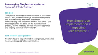 Successful Tech Transfer
Leveraging Single-Use systems
“The goal of technology transfer activities is to transfer
product and process knowledge between development
and manufacturing, and within or between
manufacturing sites to achieve product realization. This
knowledge forms the basis for the manufacturing
process, control strategy, process validation approach,
and ongoing continual improvement.”
How Single-Use
implementation is
impacting
Tech transfer ?
ICH Q10
Transfers have to be performed in an organized, methodical
manner, with appropriate documentation.
Tech transfer Good practices
Advantages of Developing Processes and Manufacturing API with SUT
9
 