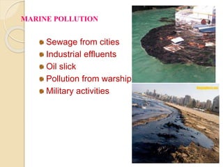 MARINE POLLUTION 
Sewage from cities 
Industrial effluents 
Oil slick 
Pollution from warships 
Military activities 
 