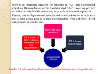 There is an immediate necessity for initiating an “All India Coordinated 
project on Bioremediation of the Contaminated Sites” involving premier 
institutions in this field for conducting large scale demonstration projects. 
Further, various departmental agencies and related ministries in India may 
plan a joint action plan to launch bioremediation from Lab-Pilot –Field 
scale projects at specific sites 
Environmental 
cleanup 
Joint action of 
Govt.(various 
ministries and 
their 
departments) 
Novel lab level 
research 
Pilot Scale 
experiments 
Possible All India coordinated bioremediation demonstration projects at specifi c sites 
 