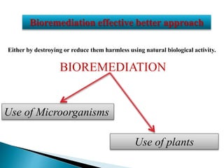 Bioremediation effective better approach
Either by destroying or reduce them harmless using natural biological activity.
Use of plants
Use of Microorganisms
BIOREMEDIATION
 