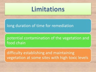 long duration of time for remediation
potential contamination of the vegetation and
food chain
difficulty establishing and maintaining
vegetation at some sites with high toxic levels
 
