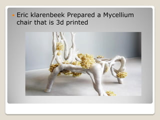  Eric klarenbeek Prepared a Mycellium
chair that is 3d printed
 