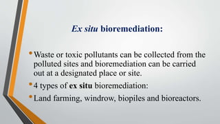 Ex situ bioremediation:
•Waste or toxic pollutants can be collected from the
polluted sites and bioremediation can be carried
out at a designated place or site.
•4 types of ex situ bioremediation:
•Land farming, windrow, biopiles and bioreactors.
 