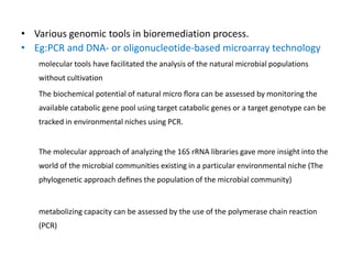 • Various genomic tools in bioremediation process.
• Eg:PCR and DNA- or oligonucleotide-based microarray technology
molecular tools have facilitated the analysis of the natural microbial populations
without cultivation
The biochemical potential of natural micro ﬂora can be assessed by monitoring the
available catabolic gene pool using target catabolic genes or a target genotype can be
tracked in environmental niches using PCR.
The molecular approach of analyzing the 16S rRNA libraries gave more insight into the
world of the microbial communities existing in a particular environmental niche (The
phylogenetic approach deﬁnes the population of the microbial community)
metabolizing capacity can be assessed by the use of the polymerase chain reaction
(PCR)
 