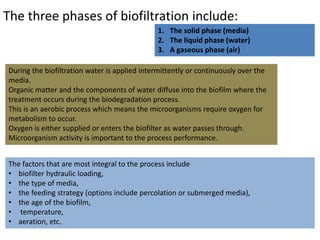The three phases of biofiltration include:
1. The solid phase (media)
2. The liquid phase (water)
3. A gaseous phase (air)
During the biofiltration water is applied intermittently or continuously over the
media.
Organic matter and the components of water diffuse into the biofilm where the
treatment occurs during the biodegradation process.
This is an aerobic process which means the microorganisms require oxygen for
metabolism to occur.
Oxygen is either supplied or enters the biofilter as water passes through.
Microorganism activity is important to the process performance.
The factors that are most integral to the process include
• biofilter hydraulic loading,
• the type of media,
• the feeding strategy (options include percolation or submerged media),
• the age of the biofilm,
• temperature,
• aeration, etc.
 