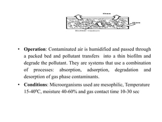 • Operation: Contaminated air is humidified and passed through
a packed bed and pollutant transfers into a thin biofilm and
degrade the pollutant. They are systems that use a combination
of processes: absorption, adsorption, degradation and
desorption of gas phase contaminants.
• Conditions: Microorganisms used are mesophilic, Temperature
15-400C, moisture 40-60% and gas contact time 10-30 sec
 