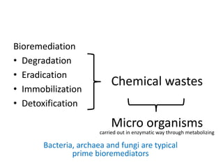 Chemical wastes
Bioremediation
• Degradation
• Eradication
• Immobilization
• Detoxification
Micro organisms
carried out in enzymatic way through metabolizing
Bacteria, archaea and fungi are typical
prime bioremediators
 