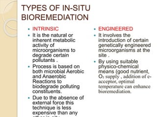 TYPES OF IN-SITU
BIOREMEDIATION
 INTRINSIC
 It is the natural or
inherent metabolic
activity of
microorganisms to
degrade certain
pollutants .
 Process is based on
both microbial Aerobic
and Anaerobic
Reactions to
biodegrade polluting
constituents.
 Due to the absence of
external force this
technique is less
expensive than any
 ENGINEERED
 It involves the
introduction of certain
genetically engineered
microorganisms at the
site .
 By using suitable
physico-chemical
means (good nutrient,
O₂ supply , addition of e-
acceptor, optimal
temperature can enhance
bioremediation.
 