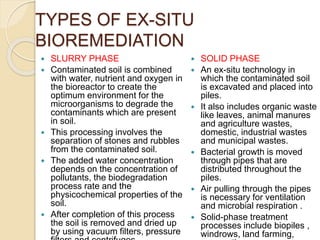TYPES OF EX-SITU
BIOREMEDIATION
 SLURRY PHASE
 Contaminated soil is combined
with water, nutrient and oxygen in
the bioreactor to create the
optimum environment for the
microorganisms to degrade the
contaminants which are present
in soil.
 This processing involves the
separation of stones and rubbles
from the contaminated soil.
 The added water concentration
depends on the concentration of
pollutants, the biodegradation
process rate and the
physicochemical properties of the
soil.
 After completion of this process
the soil is removed and dried up
by using vacuum filters, pressure
 SOLID PHASE
 An ex-situ technology in
which the contaminated soil
is excavated and placed into
piles.
 It also includes organic waste
like leaves, animal manures
and agriculture wastes,
domestic, industrial wastes
and municipal wastes.
 Bacterial growth is moved
through pipes that are
distributed throughout the
piles.
 Air pulling through the pipes
is necessary for ventilation
and microbial respiration .
 Solid-phase treatment
processes include biopiles ,
windrows, land farming,
 