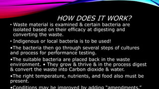 HOW DOES IT WORK?
• Waste material is examined & certain bacteria are
isolated based on their efficacy at digesting and
converting the waste.
• Indigenous or local bacteria is to be used!
•The bacteria then go through several steps of cultures
and process for performance testing.
•The suitable bacteria are placed back in the waste
environment. • They grow & thrive & in the process digest
& convert the waste into Carbon dioxide & water.
•The right temperature, nutrients, and food also must be
present.
 