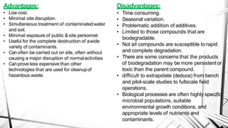 Advantages:
• Low cost.
• Minimal site disruption.
• Simultaneous treatment of contaminatedwater
and soil.
• Minimal exposure of public & site personnel.
• Useful for the complete destruction of awide
variety of contaminants.
• Can often be carried out on site, often without
causing a major disruption of normalactivities
• Can prove less expensive than other
technologies that are used for cleanupof
hazardous waste.
Disadvantages:
• Time consuming.
• Seasonal variation.
• Problematic addition of additives.
• Limited to those compounds that are
biodegradable.
• Not all compounds are susceptible to rapid
and complete degradation.
• There are some concerns that the products
of biodegradation may be more persistentor
toxic than the parent compound.
• difficult to extrapolate (deduce) from bench
and pilot-scale studies to fullscale field
operations.
• Biological processes are often highly specific.
microbial populations, suitable
environmental growth conditions, and
appropriate levels of nutrients and
contaminants.
 