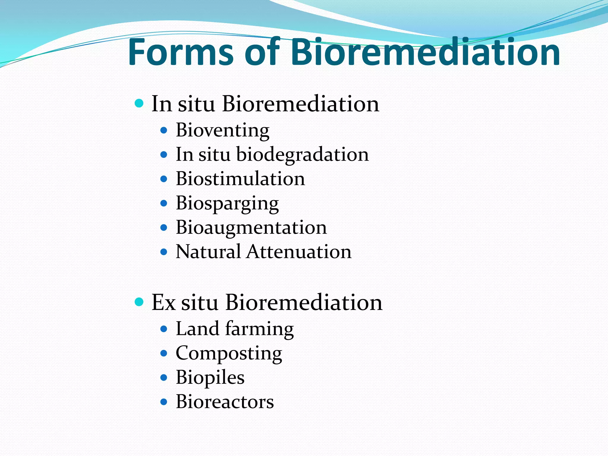 Forms of Bioremediation
 In situ Bioremediation







Bioventing
In situ biodegradation
Biostimulation
Biosparging
Bioaugmentation
Natural Attenuation

 Ex situ Bioremediation





Land farming
Composting
Biopiles
Bioreactors

 