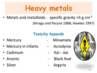 Heavy metals
• Metals and metalloids - specific gravity >5 g cm-3
(Nriagu and Pacyna 1988; Hawkes 1997)
Toxicity hazards
• Mercury - Minamata
• Mercury in infants - Acrodynia
• Cadmium - Itai - itai
• Arsenic - Black foot
• Silver - Argyria
12
 