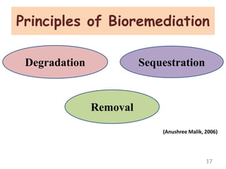 Principles of Bioremediation
Degradation Sequestration
Removal
17
(Anushree Malik, 2006)
 