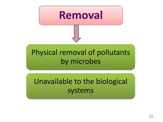 Removal
Physical removal of pollutants
by microbes
Unavailable to the biological
systems
20
 
