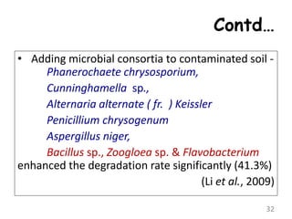 Contd…
• Adding microbial consortia to contaminated soil -
Phanerochaete chrysosporium,
Cunninghamella sp.,
Alternaria alternate ( fr. ) Keissler
Penicillium chrysogenum
Aspergillus niger,
Bacillus sp., Zoogloea sp. & Flavobacterium
enhanced the degradation rate significantly (41.3%)
(Li et al., 2009)
32
 