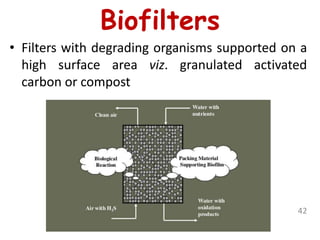 Biofilters
• Filters with degrading organisms supported on a
high surface area viz. granulated activated
carbon or compost
42
 