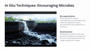 In Situ Techniques: Encouraging Microbes
Biostimulation
Modifying the environment to stimulate
the activity of indigenous microorganisms.
This often involves adding nutrients (e.g.,
nitrogen, phosphorus) or oxygen.
Bio augmentation
Introducing specific, cultured
microorganisms to a contaminated site to
enhance the degradation process,
particularly when native populations are
insufficient.
 