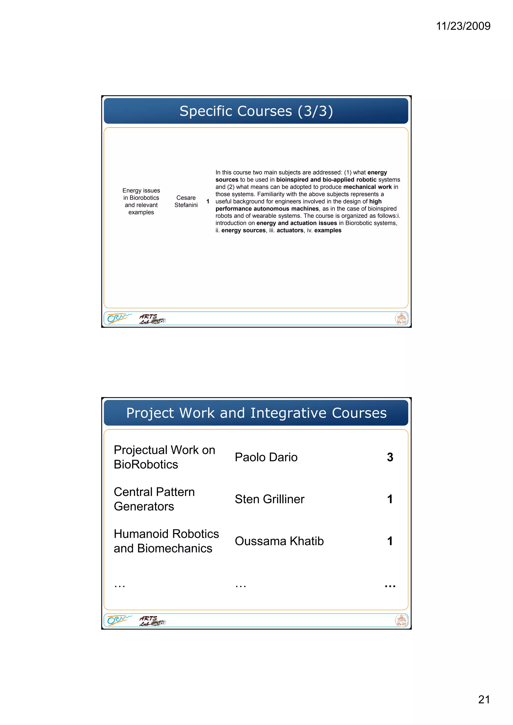 11/23/2009
21
Specific Courses (3/3)
Energy issues
in Biorobotics
and relevant
examples
Cesare
Stefanini
1
In this course two main subjects are addressed: (1) what energy
sources to be used in bioinspired and bio-applied robotic systems
and (2) what means can be adopted to produce mechanical work in
those systems. Familiarity with the above subjects represents a
useful background for engineers involved in the design of high
performance autonomous machines, as in the case of bioinspired
robots and of wearable systems. The course is organized as follows:i.
introduction on energy and actuation issues in Biorobotic systems,
ii. energy sources, iii. actuators, iv. examples
Project Work and Integrative Courses
Projectual Work on
BioRobotics
Paolo Dario 3
Central Pattern
Generators
Sten Grilliner 1
Humanoid Robotics
and Biomechanics
Oussama Khatib 1
 