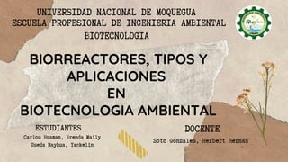 Carlos Huaman, Brenda Maily
Useda Mayhua, Yackelin
UNIVERSIDAD NACIONAL DE MOQUEGUA
BIOTECNOLOGIA
ESCUELA PROFESIONAL DE INGENIERIA AMBIENTAL
BIORREACTORES, TIPOS Y
APLICACIONES
EN
BIOTECNOLOGIA AMBIENTAL
ESTUDIANTES
Soto Gonzales, Herbert Hernán
DOCENTE
 