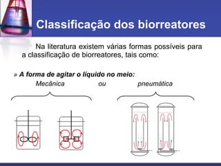 Na literatura existem várias formas possíveis para
a classificação de biorreatores, tais como:
» A forma de agitar o líquido no meio:
Mecânica ou pneumática
Classificação dos biorreatores
 