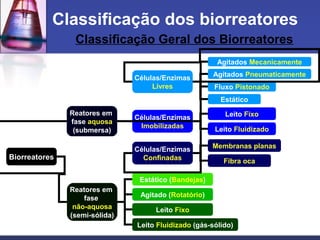 Classificação Geral dos Biorreatores
Classificação dos biorreatores
Reatores em
fase aquosa
(submersa)
Reatores em
fase
não-aquosa
(semi-sólida)
Células/Enzimas
Livres
Células/Enzimas
Imobilizadas
Agitados Mecanicamente
Agitados Pneumaticamente
Fluxo Pistonado
Leito Fixo
Leito Fluidizado
Membranas planas
Fibra oca
Células/Enzimas
Confinadas
Estático (Bandejas)
Agitado (Rotatório)
Leito Fixo
Leito Fluidizado (gás-sólido)
Biorreatores
Estático
 