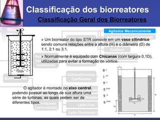 Agitados Pneumaticamente
Fluxo Pistonado
Estático
Classificação Geral dos Biorreatores
Classificação dos biorreatores
Reatores em
fase aquosa
(submersa)
Reatores em
fase
não-aquosa
(semi-sólida)
Células/Enzimas
Livres
Células/Enzimas
Imobilizadas
Leito Fixo
Leito Fluidizado
Membranas planas
Fibra oca
Células/Enzimas
Confinadas
Estático (Bandejas)
Agitado (Rotatório)
Leito Fixo
Leito Fluidizado (gás-sólido)
Biorreatores
» Um biorreator do tipo STR consiste em um vaso cilíndrico
sendo comuns relações entre a altura (H) e o diâmetro (D) de
1:1, 2:1 ou 3:1.
» Normalmente é equipado com Chicanas (com largura 0,1D),
utilizadas para evitar a formação de vórtice.
O agitador é montado no eixo central,
podendo possuir ao longo de sua altura uma
série de turbinas, as quais podem ser de
diferentes tipos.
Agitados Mecanicamente
 