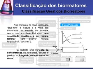 Agitados Mecanicamente
Agitados Pneumaticamente
Estático
Classificação Geral dos Biorreatores
Classificação dos biorreatores
Reatores em
fase aquosa
(submersa)
Reatores em
fase
não-aquosa
(semi-sólida)
Células/Enzimas
Livres
Células/Enzimas
Imobilizadas
Leito Fixo
Leito Fluidizado
Membranas planas
Fibra oca
Células/Enzimas
Confinadas
Estático (Bandejas)
Agitado (Rotatório)
Leito Fixo
Leito Fluidizado (gás-sólido)
Biorreatores
Fluxo PistonadoNos reatores de fluxo pistonado
“plug-flow” o inóculo e o meio são
misturados na entrada do sistema,
sendo que a cultura flui com uma
velocidade constante e em regime
laminar (sem ocorrer mistura
longitudinal, “backmix”).
Há portanto uma variação da
concentração de nutrientes, células e
produto ao longo do comprimento do
reator.
 