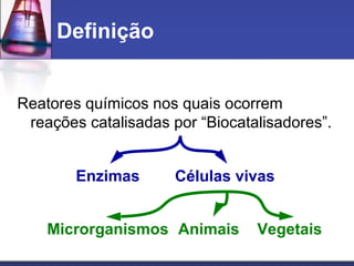 Definição
Reatores químicos nos quais ocorrem
reações catalisadas por “Biocatalisadores”.
Enzimas Células vivas
Microrganismos Animais Vegetais
 