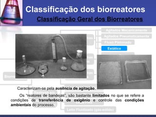 Classificação Geral dos Biorreatores
Classificação dos biorreatores
Reatores em
fase aquosa
(submersa)
Reatores em
fase
não-aquosa
(semi-sólida)
Células/Enzimas
Livres
Células/Enzimas
Imobilizadas
Leito Fixo
Leito Fluidizado
Membranas planas
Fibra oca
Células/Enzimas
Confinadas
Estático (Bandejas)
Agitado (Rotatório)
Leito Fixo
Leito Fluidizado (gás-sólido)
Biorreatores
Agitados Mecanicamente
Agitados Pneumaticamente
Fluxo Pistonado
Estático
Caracterizam-se pela ausência de agitação.
Os “reatores de bandejas”, são bastante limitados no que se refere a
condições de transferência de oxigênio e controle das condições
ambientais do processo.
 