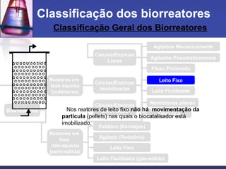 Classificação Geral dos Biorreatores
Classificação dos biorreatores
Reatores em
fase aquosa
(submersa)
Reatores em
fase
não-aquosa
(semi-sólida)
Células/Enzimas
Livres
Células/Enzimas
Imobilizadas
Agitados Mecanicamente
Agitados Pneumaticamente
Fluxo Pistonado
Leito Fixo
Leito Fluidizado
Membranas planas
Fibra oca
Células/Enzimas
Confinadas
Estático (Bandejas)
Agitado (Rotatório)
Leito Fixo
Leito Fluidizado (gás-sólido)
Biorreatores Nos reatores de leito fixo não há movimentação da
partícula (pellets) nas quais o biocatalisador está
imobilizado.
 