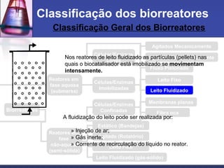 Classificação Geral dos Biorreatores
Classificação dos biorreatores
Reatores em
fase aquosa
(submersa)
Reatores em
fase
não-aquosa
(semi-sólida)
Células/Enzimas
Livres
Células/Enzimas
Imobilizadas
Agitados Mecanicamente
Agitados Pneumaticamente
Fluxo Pistonado
Leito Fixo
Leito Fluidizado
Membranas planas
Fibra oca
Células/Enzimas
Confinadas
Estático (Bandejas)
Agitado (Rotatório)
Leito Fixo
Leito Fluidizado (gás-sólido)
Biorreatores
Nos reatores de leito fluidizado as partículas (pellets) nas
quais o biocatalisador está imobilizado se movimentam
intensamente.
A fluidização do leito pode ser realizada por:
» Injeção de ar;
» Gás inerte;
» Corrente de recirculação do líquido no reator.
 