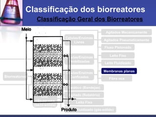 Classificação Geral dos Biorreatores
Classificação dos biorreatores
Reatores em
fase aquosa
(submersa)
Reatores em
fase
não-aquosa
(semi-sólida)
Células/Enzimas
Livres
Células/Enzimas
Imobilizadas
Agitados Mecanicamente
Agitados Pneumaticamente
Fluxo Pistonado
Leito Fixo
Leito Fluidizado
Membranas planas
Fibra oca
Células/Enzimas
Confinadas
Estático (Bandejas)
Agitado (Rotatório)
Leito Fixo
Leito Fluidizado (gás-sólido)
Biorreatores
 