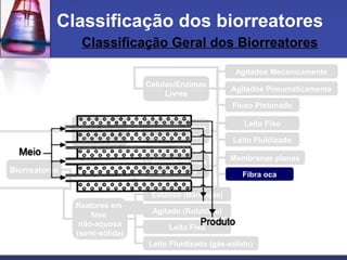 Classificação Geral dos Biorreatores
Classificação dos biorreatores
Reatores em
fase aquosa
(submersa)
Reatores em
fase
não-aquosa
(semi-sólida)
Células/Enzimas
Livres
Células/Enzimas
Imobilizadas
Agitados Mecanicamente
Agitados Pneumaticamente
Fluxo Pistonado
Leito Fixo
Leito Fluidizado
Fibra oca
Células/Enzimas
Confinadas
Estático (Bandejas)
Agitado (Rotatório)
Leito Fixo
Leito Fluidizado (gás-sólido)
Biorreatores
Membranas planas
 