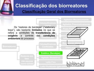 Classificação Geral dos Biorreatores
Classificação dos biorreatores
Reatores em
fase aquosa
(submersa)
Reatores em
fase
não-aquosa
(semi-sólida)
Células/Enzimas
Livres
Células/Enzimas
Imobilizadas
Agitados Mecanicamente
Agitados Pneumaticamente
Fluxo Pistonado
Leito Fixo
Leito Fluidizado
Membranas planas
Fibra oca
Células/Enzimas
Confinadas
Estático (Bandejas)
Agitado (Rotatório)
Leito Fixo
Leito Fluidizado (gás-sólido)
Biorreatores
Os “reatores de bandejas” (“stationary
trays”), são bastante limitados no que se
refere a condições de transferência de
oxigênio e controle das condições
ambientais do processo.
 