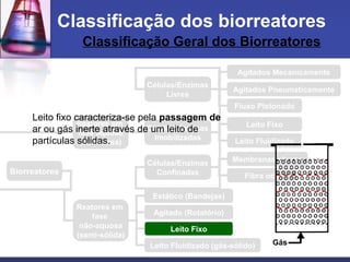 Classificação Geral dos Biorreatores
Classificação dos biorreatores
Reatores em
fase aquosa
(submersa)
Reatores em
fase
não-aquosa
(semi-sólida)
Células/Enzimas
Livres
Células/Enzimas
Imobilizadas
Agitados Mecanicamente
Agitados Pneumaticamente
Fluxo Pistonado
Leito Fixo
Leito Fluidizado
Membranas planas
Fibra oca
Células/Enzimas
Confinadas
Estático (Bandejas)
Agitado (Rotatório)
Leito Fixo
Leito Fluidizado (gás-sólido)
Biorreatores
Leito fixo caracteriza-se pela passagem de
ar ou gás inerte através de um leito de
partículas sólidas.
Gás
 