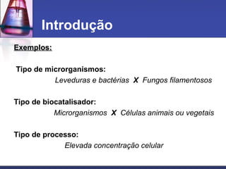 Exemplos:Exemplos:
Tipo de microrganismos:
Leveduras e bactérias X Fungos filamentosos
Tipo de biocatalisador:
Microrganismos X Células animais ou vegetais
Tipo de processo:
Elevada concentração celular
Introdução
 