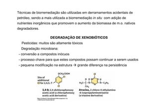 Técnicas de biorremediação são utilizadas em derramamentos acidentais de
petróleo, sendo a mais utilizada a biorremediação in situ com adição de
nutrientes inorgânicos que promovem o aumento da biomassa de m.o. nativos
degradadores.
DEGRADAÇÃO DE XENOBIÓTICOS
Pesticidas: muitos são altamente tóxicos

 Degradação microbiana:
- conversão a compostos inócuos
- processo chave para que estes compostos possam continuar a serem usados
- pequena modificação na estrutura

grande diferença na persistência 

 