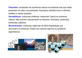 Poluentes: compostos de ocorrência natural no ambiente mas que estão
presentes em altas concentrações. Exemplos: petróleo bruto e refinado,
fosfatos e metais pesados.
Xenobióticos: moléculas sintéticas “estranhas” (xeno) ao ambiente
natural. Não ocorrem naturalmente na natureza. Exemplos: pesticidas,
herbicidas, plásticos
Recalcitrantes: moléculas orgânicas de difícil degradação que
acumulam no ambiente. Podem ser naturais (lignina) ou sintéticas
(agrotóxicos).

 