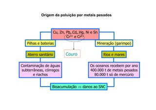 Origem da poluição por metais pesados

Cu, Zn, Pb, Cd, Hg, Ni e Sn
Cr3+ e Cr6+
Pilhas e baterias
Aterro sanitário
Contaminação de águas
subterrâneas, córregos
e riachos

Mineração (garimpo)

Couro

Rios e mares
Os oceanos recebem por ano
400.000 t de metais pesados
80.000 t só de mercúrio

Bioacumulação ⇒ danos ao SNC

 