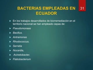 BACTERIAS EMPLEADAS EN
ECUADOR
 En los trabajos desarrollados de biorremediación en el
territorio nacional se han empleado cepas de:
 Pseudomonaas
 Bacillus.
 Antramonas
 Rhodococcus.
 Serratia
 Nocardia,
 Acinetobacter,
 Flabobacterium
31
 