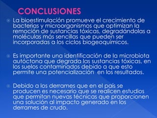  La bioestimulación promueve el crecimiento de
bacterias y microorganismos que optimizan la
remoción de sustancias tóxicas, degradándolas a
moléculas más sencillas que pueden ser
incorporadas a los ciclos biogeoquímicos.
 Es importante una identificación de la microbiota
autóctona que degrada las sustancias tóxicas, en
los suelos contaminados debido a que esto
permite una potencialización en los resultados.
 Debido a los derrames que en el país se
producen es necesario que se realicen estudios
que permitan nuevas técnicas que proporcionen
una solución al impacto generado en los
derrames de crudo.
 