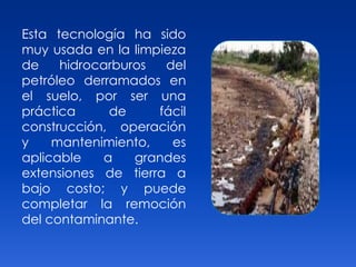 Esta tecnología ha sido
muy usada en la limpieza
de hidrocarburos del
petróleo derramados en
el suelo, por ser una
práctica de fácil
construcción, operación
y mantenimiento, es
aplicable a grandes
extensiones de tierra a
bajo costo; y puede
completar la remoción
del contaminante.
 