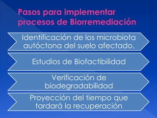 Identificación de los microbiota
autóctona del suelo afectado.
Estudios de Biofactibilidad
Verificación de
biodegradabilidad
Proyección del tiempo que
tardará la recuperación
 