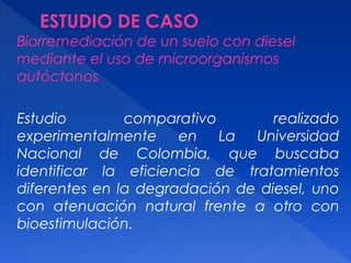 Biorremediación de un suelo con diesel
mediante el uso de microorganismos
autóctonos.
Estudio comparativo realizado
experimentalmente en La Universidad
Nacional de Colombia, que buscaba
identificar la eficiencia de tratamientos
diferentes en la degradación de diesel, uno
con atenuación natural frente a otro con
bioestimulación.
 