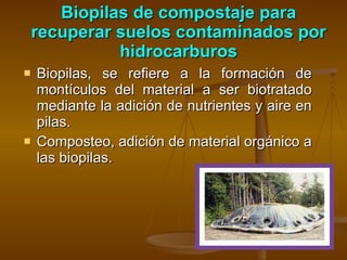Biopilas de compostaje para recuperar suelos contaminados por hidrocarburos <ul><li>Biopilas, se refiere a la formación de...